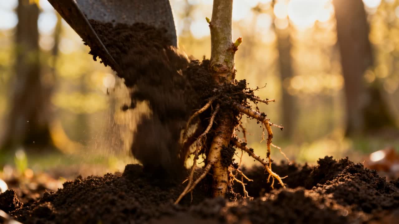 Exposing small tree sapling revealing fibrous roots on forest floor, with metal shovel blade
