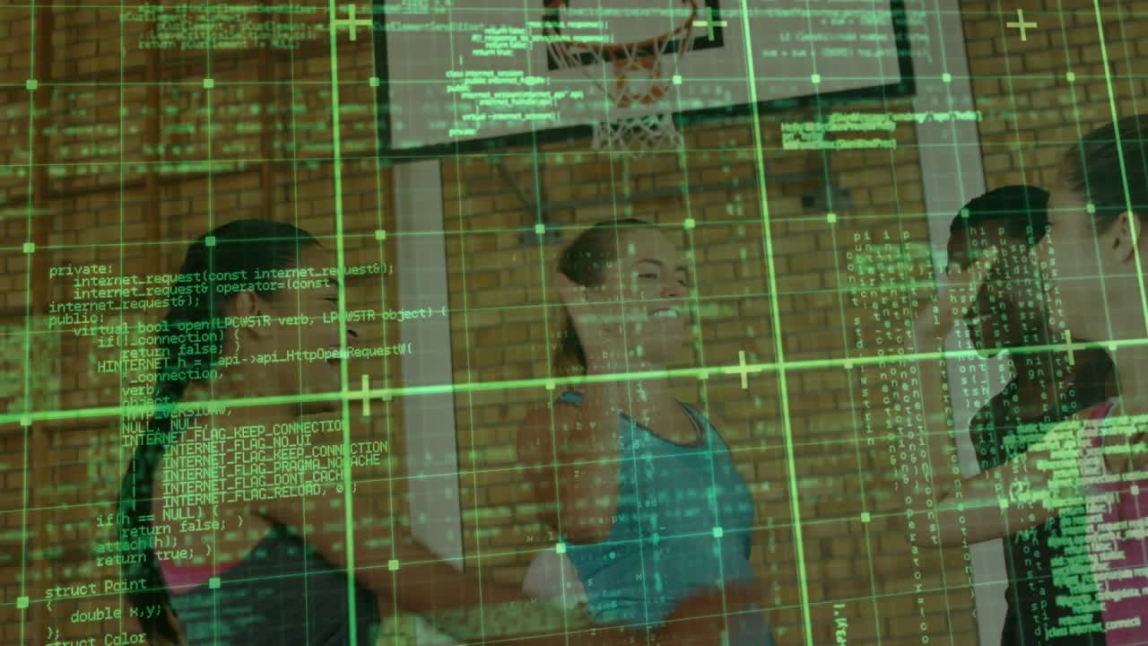 Sports team under hoop center teen smiling overhead stacking cheering green grid showing board rim