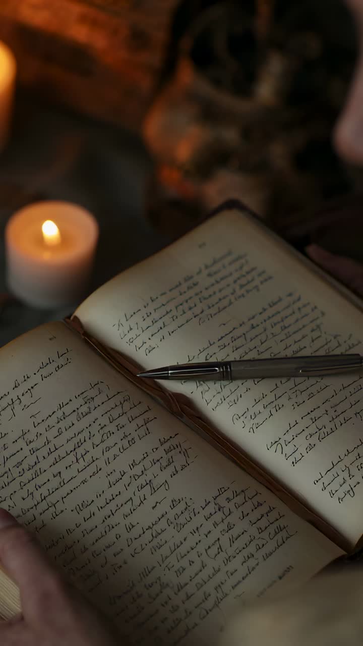 Vertical video: Flickering candle causing hand steadying journal, pen lying on desk, pausing