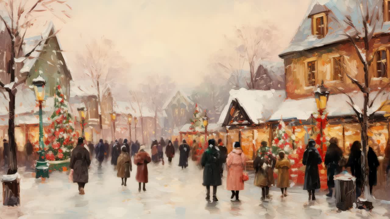 Charming winter village scene with people strolling, captured in a wide-angle, painterly style