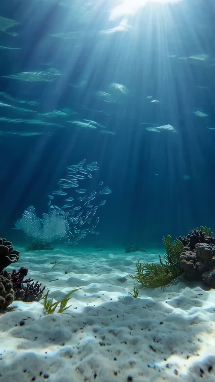 Vibrant Underwater Scene with School of Fish, Sunlight, and Coral Reef