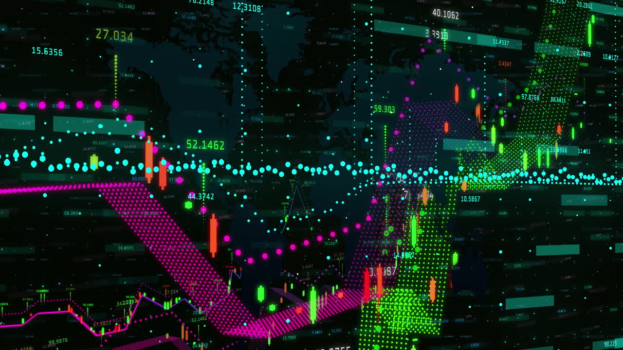 animación del procesamiento de datos financieros sobre el mapa del mundo