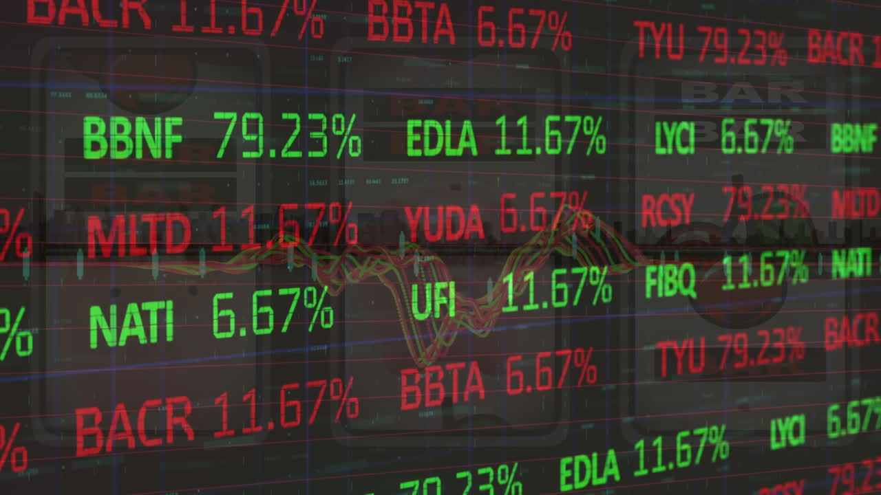 Animatie van financiële data boven een grafiek op een zwarte achtergrond