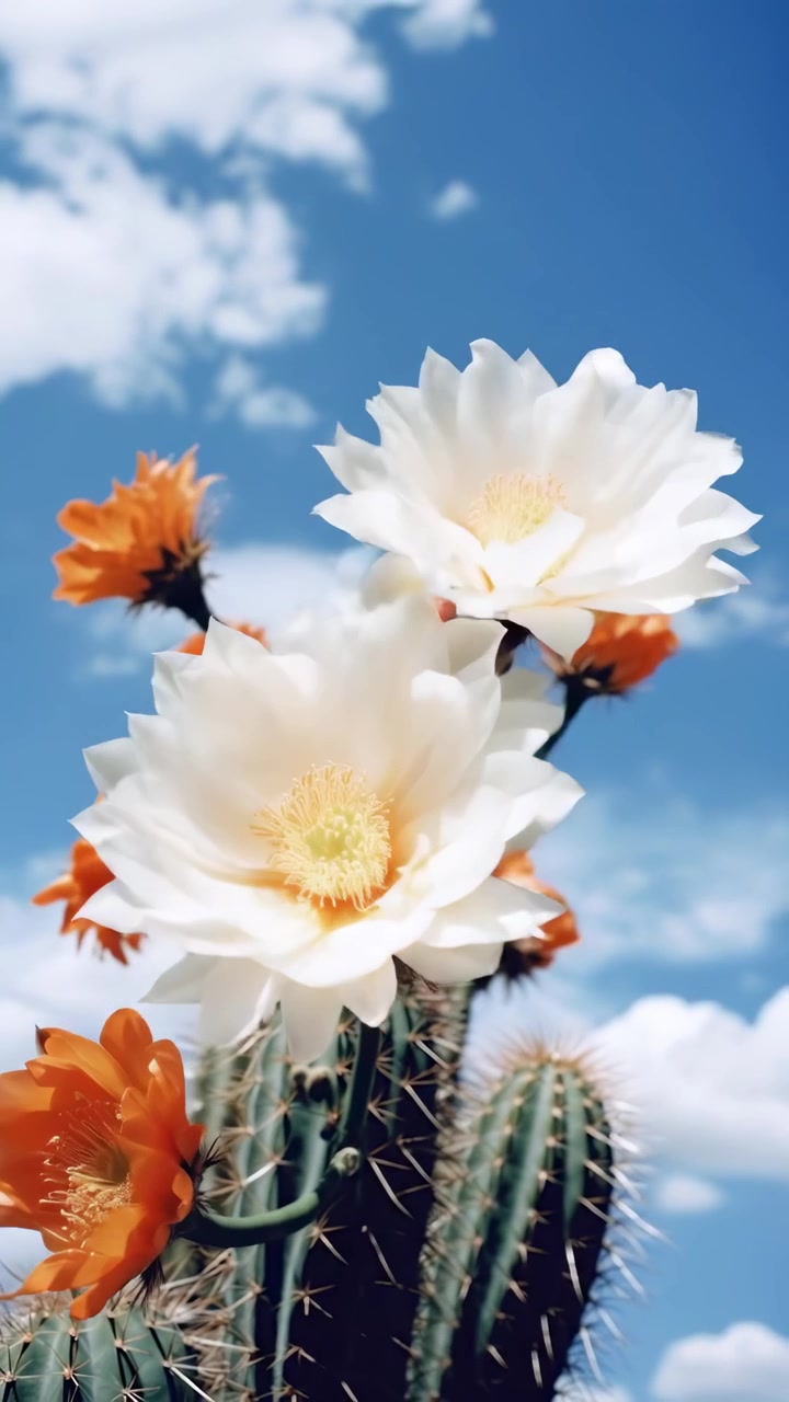 Fiori di cactus in fiore contro un cielo azzurro brillante