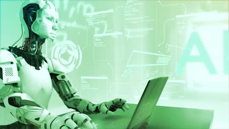 High-quality-CGI-pullback-shot-of-an-Artificial-Intelligence-humaniod-robot-at-a-laptop-computer-in-a-virtual-AI-environment-with-data-and-equations-floating-around-him--cool-green-color-scheme