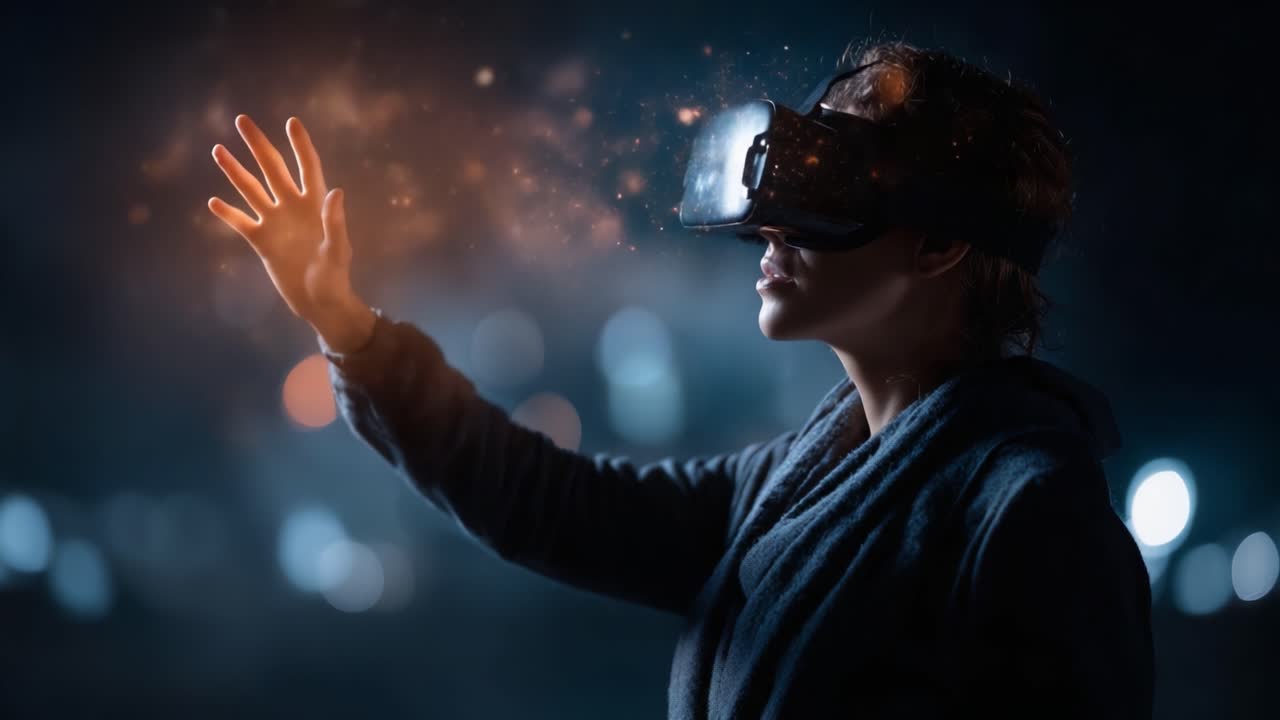 Esplorare mondi virtuali: una donna impegnata in un'esperienza interattiva ipnotica con un visore VR futuristico in un ambiente onirico