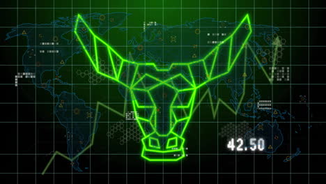 bull head animation over world map with financial data and stock price 42