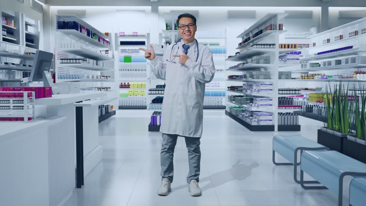 스테토스코프를 든 아시아 남성 의사의 몸이 가득 차 있으며 약국에서 웃고 을 가리키고 있습니다.