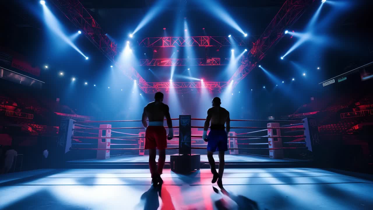 Two Boxers Enter a Professional Boxing Ring Under Bright Lights