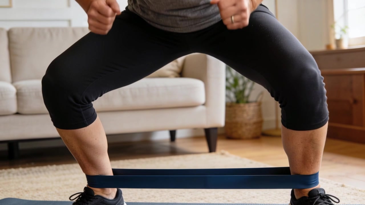 Starting set band looped, woman wearing top and leggings shifting, squatting, rising in living room