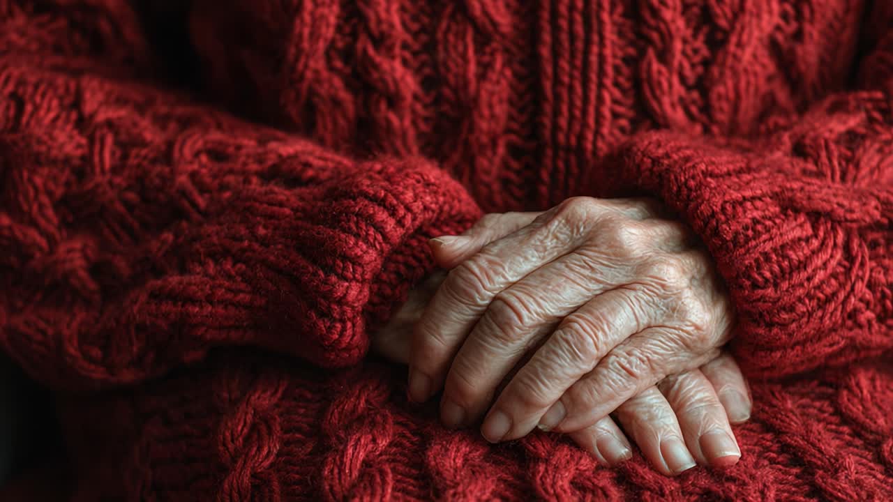 A close-up view of elderly hands gently folded in a cozy, knitted red sweater, symbolizing warmth and timelessness in moments of reflection and tranquility
