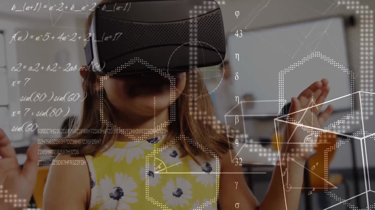 niña pequeña con auriculares de realidad virtual en clase