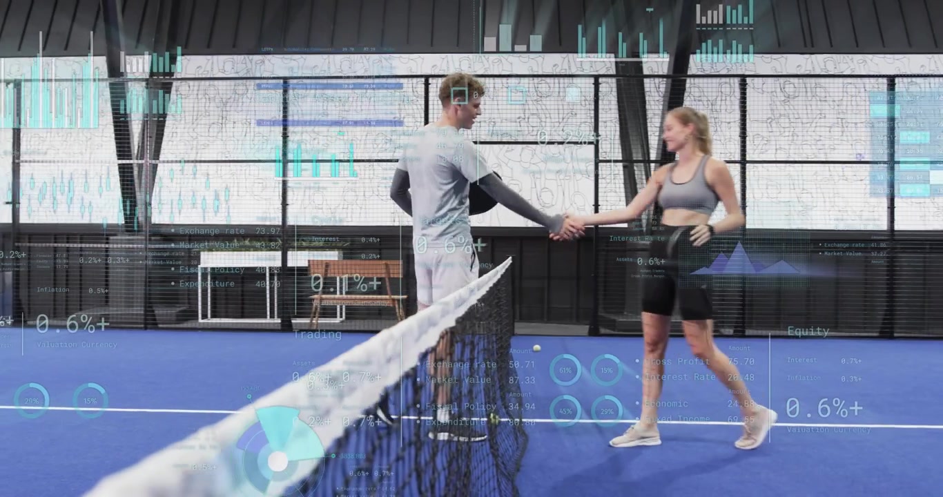 Athlete glancing at finance data, adjusting grip and walking toward net before match