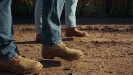 agronomists boots walking dry ground soil together at autumn countryside closeup