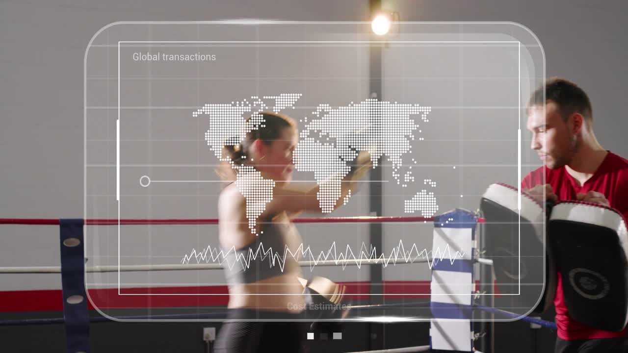 Female boxer throwing combos in ring as coach shifting pads for training HUD showing Cost Estimates