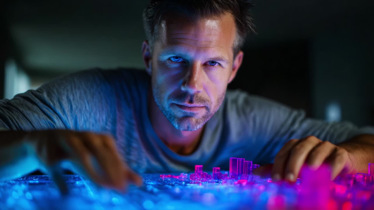 A focused individual examines a glowing city model, showcasing intricate details under vibrant blue and pink lights, highlighting a blend of technology and creativity in an artistic environment
