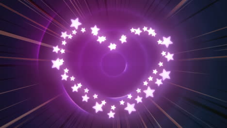 animation of star fairy lights forming heart frame with copy space on pulsating purple circles