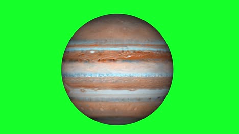 planeta júpiter aislado con satélites girando. hermoso planeta gaseoso en pantalla verde, canal alfa.