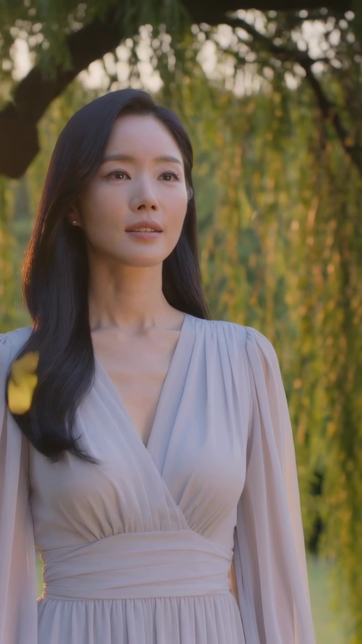 竖屏视频：镜头倾斜，阳光洒在树叶上，一名穿着裹身裙的女子在公园柳树旁观察着动静。