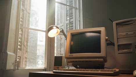 retro pc computer gaming, desktop vintage with loading code console, programmer making scripts, green basic screen, old computer studio close-up, retro wave display, late 90s pc.