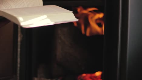 un chico leyendo un libro frente a la chimenea