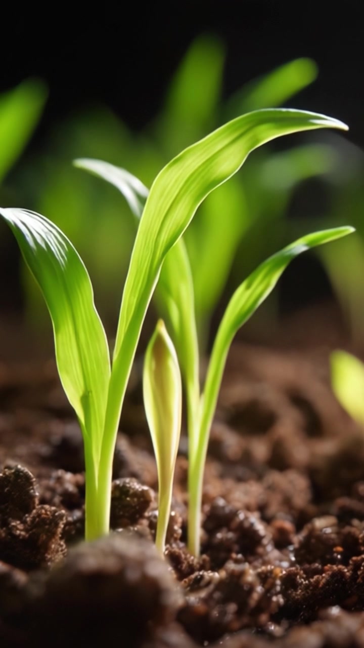 Nuova vita emerge: Un primo piano di piante verdi che germogliano da terreno ricco e scuro sotto una luce soffusa, simboleggiando crescita e rinnovamento nella natura