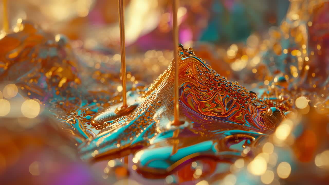 Dripping twin metal streams building swirling mound in close-up shot, displaying prismatic patterns