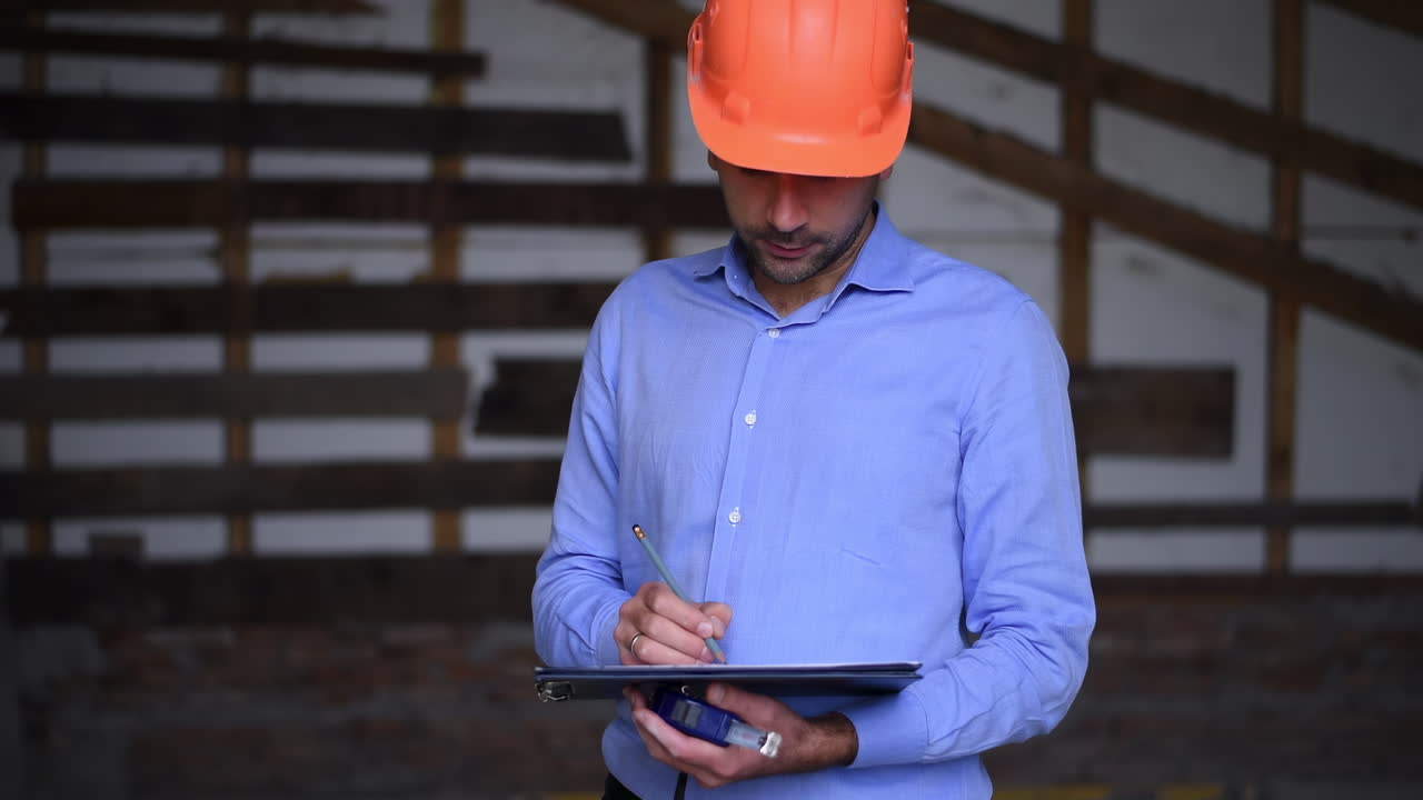 A site manager wearing an orange safety helmet reviewing documents on a construction site
