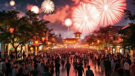tourists and locals walking in a decorated street under fireworks during chinese new year celebrations