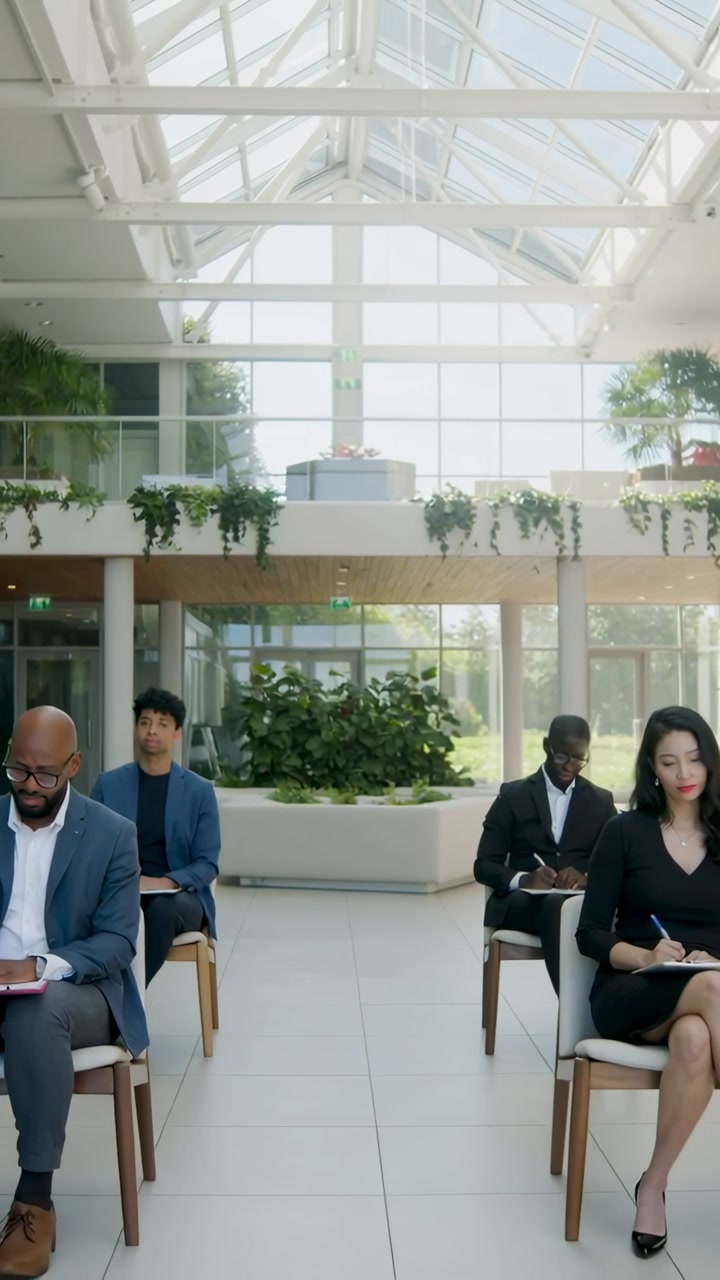 Vertical video: Noting four seated in suits writing on notepads in glass atrium after presentation