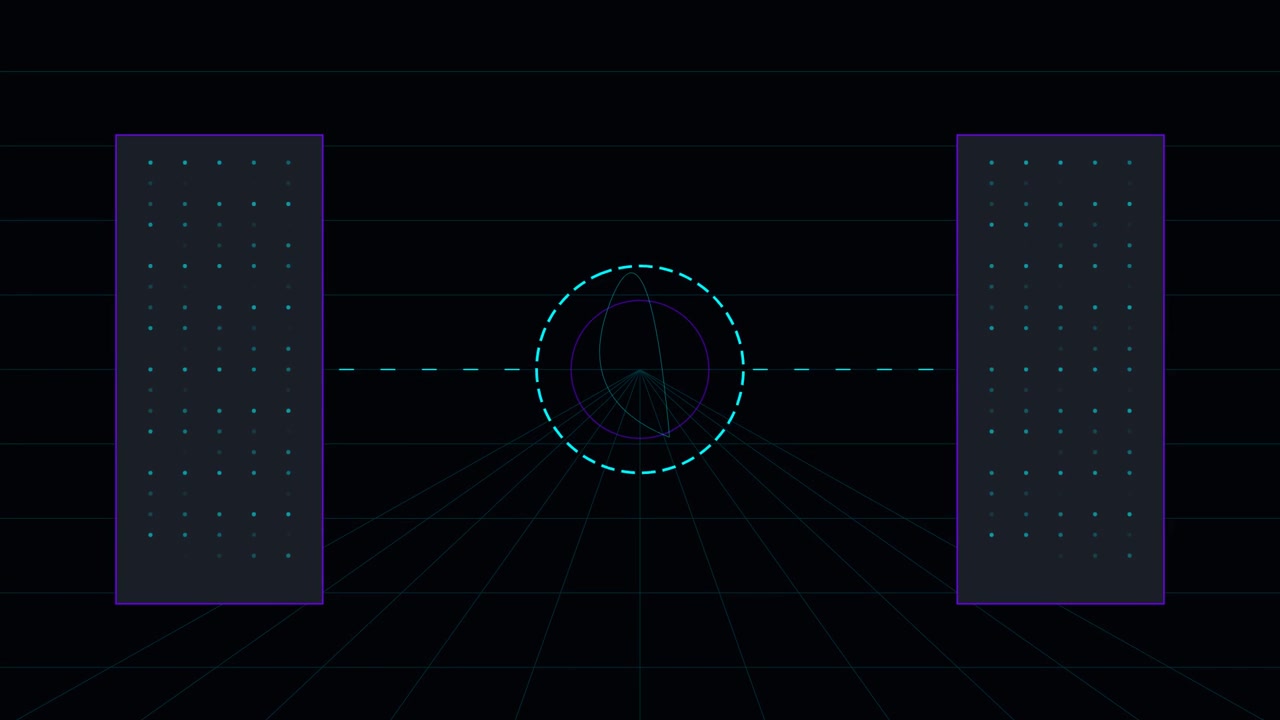 Abstract Digital Interface with Rotating Geometric Shapes and Data Grids