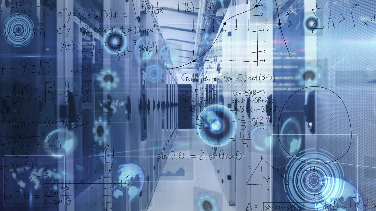 Animation of round scanners, data processing and mathematical equations against computer server room