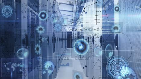 animación de escáneres redondos, procesamiento de datos y ecuaciones matemáticas contra la sala de servidores de computadoras.