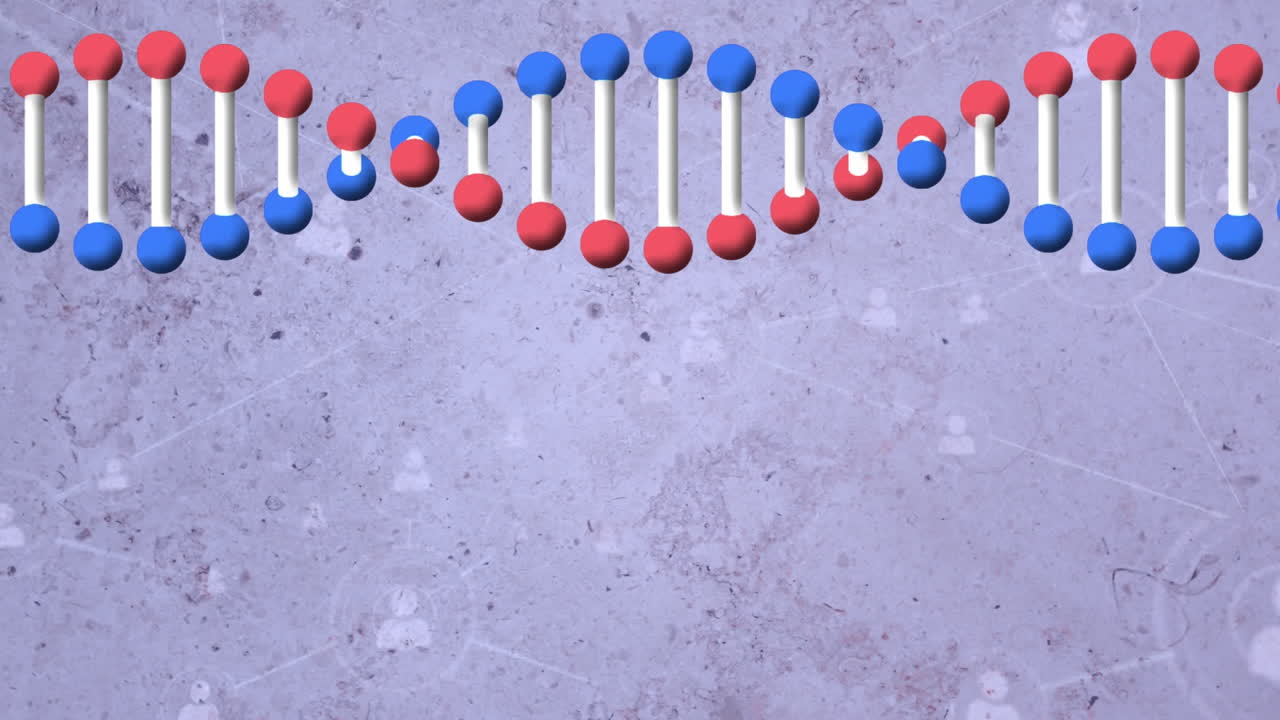 Animazione di un filamento di DNA e reti di connessioni su sfondo blu