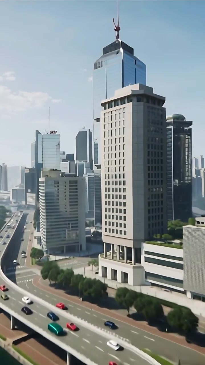 Vídeo vertical: Drone subindo, mostrando uma torre de vidro com pináculo perto de uma rampa de porto com carros para exibir a cidade.