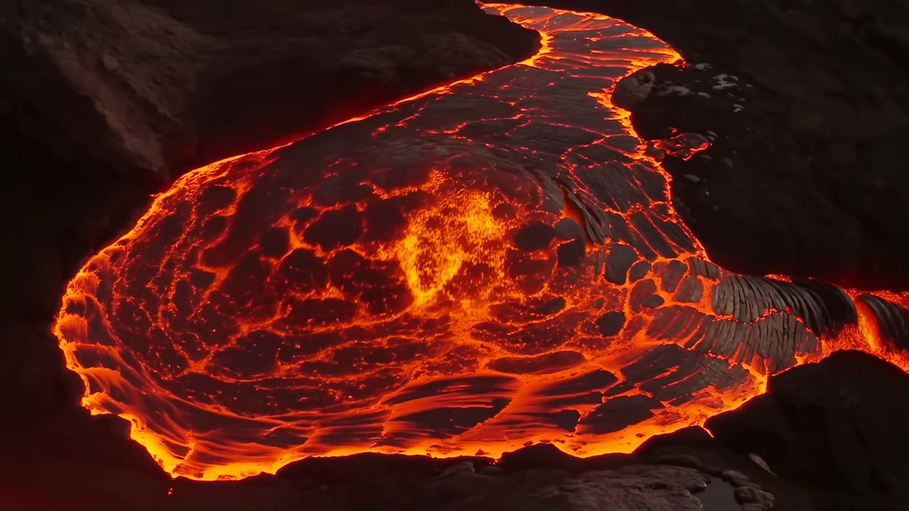 Lava fusa brillante si muove attraverso un oscuro cratere vulcanico roccioso, creando intensi riflessi arancioni e rossi lungo il canale incandescente. Il drammatico