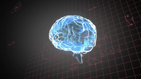 animación de ecuaciones matemáticas sobre el icono del cerebro humano giratorio contra un fondo negro