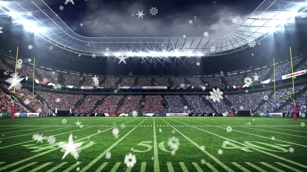 Animación de estrellas y copos de nieve sobre estadio deportivo