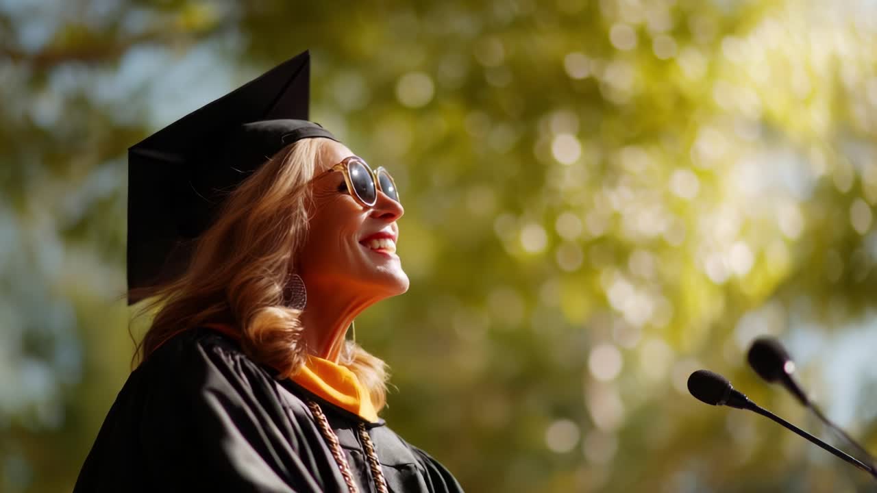 A graduate wearing a black cap and gown, beaming with joy while addressing an audience, radiating confidence and accomplishment against a beautiful blurred greenery backdrop