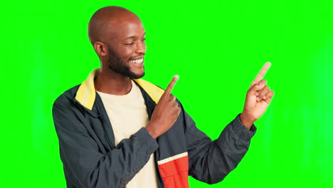 Green-screen-face,-studio-and-happy-man-pointing