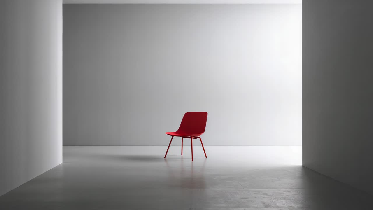 Tightening camera framing centering red chair in studio gallery, highlighting floor reflection