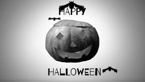 feliz texto de halloween sobre murciélagos voladores y calabaza tallada