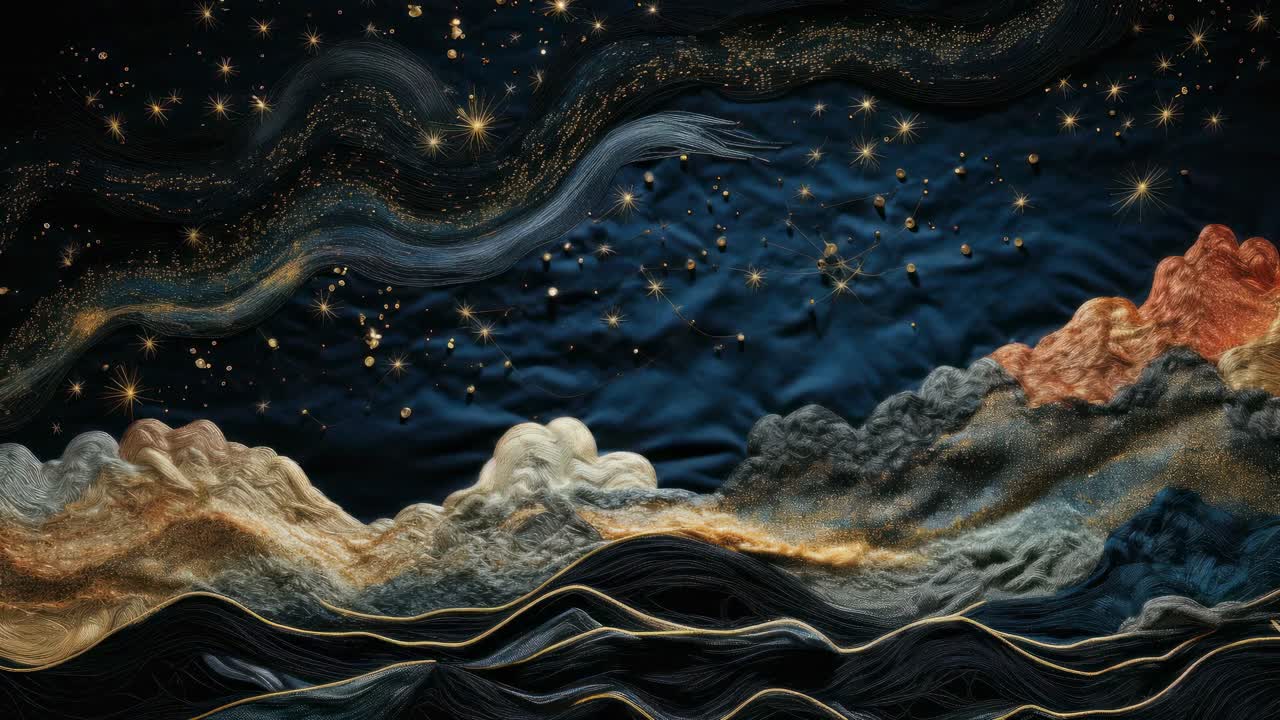 The video showcases a surreal, textured night sky with flowing, embroidered clouds and stars