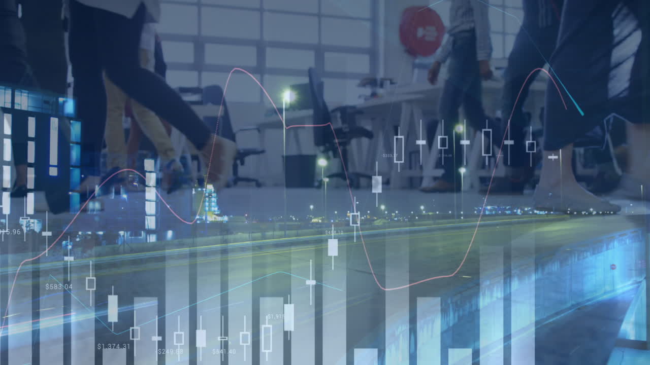 Animation of financial data processing over business people