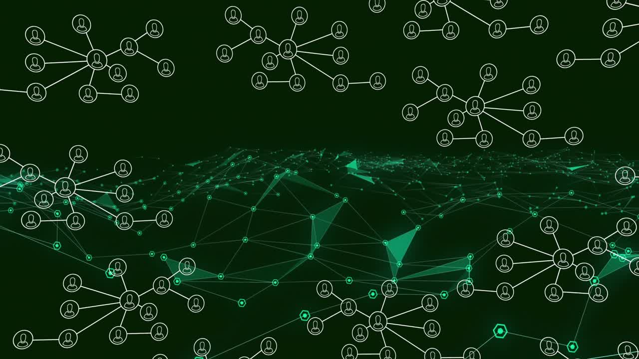 Animation of network of connections with people icons over glowing links