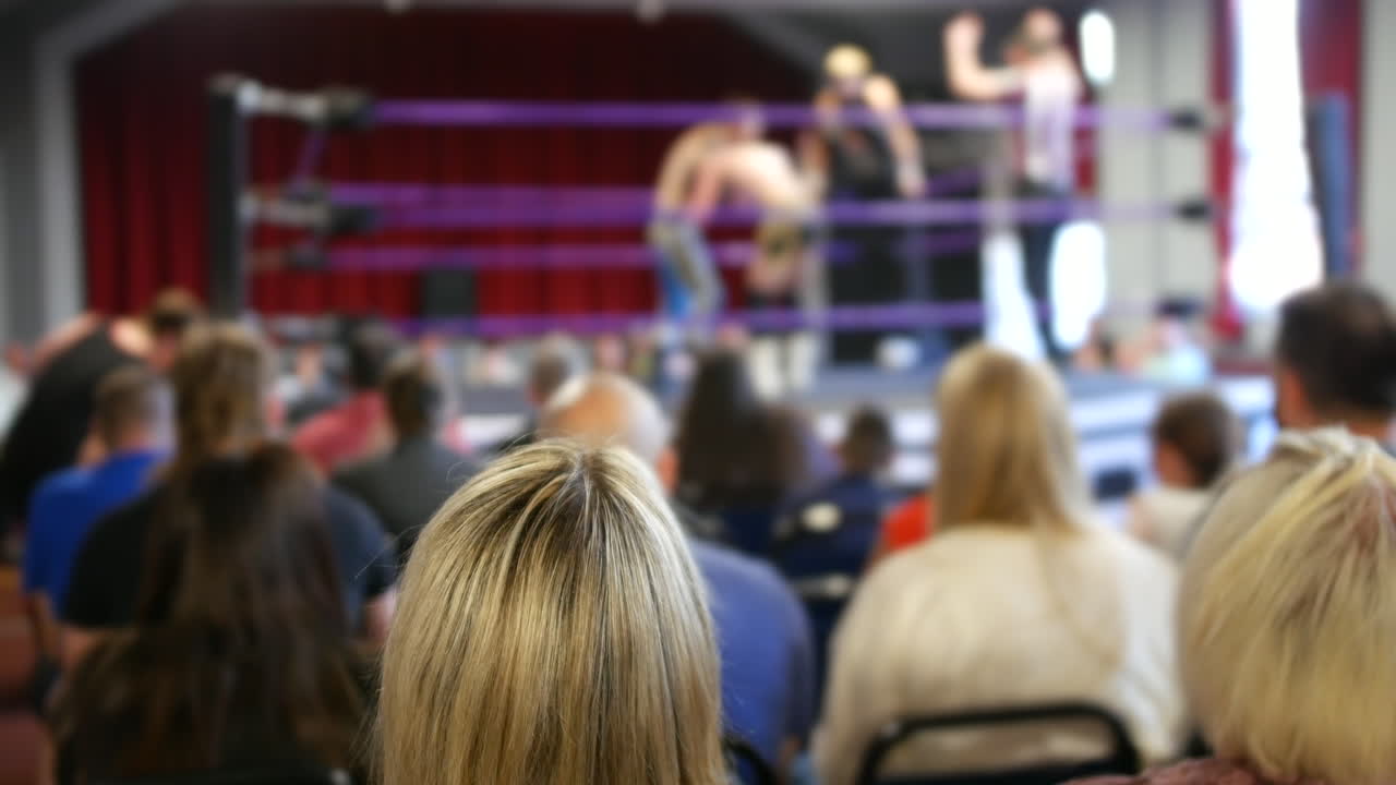 una multitud de espectadores viendo un partido de lucha libre en vivo mientras la acción se desarrolla en el ring