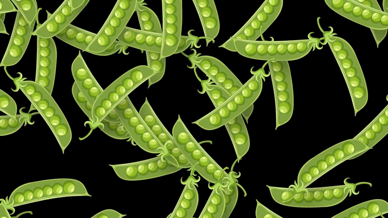 Geanimeerde groene erwtenpeulen vallen verticaal met roterende beweging over een donkere geïsoleerde achtergrond