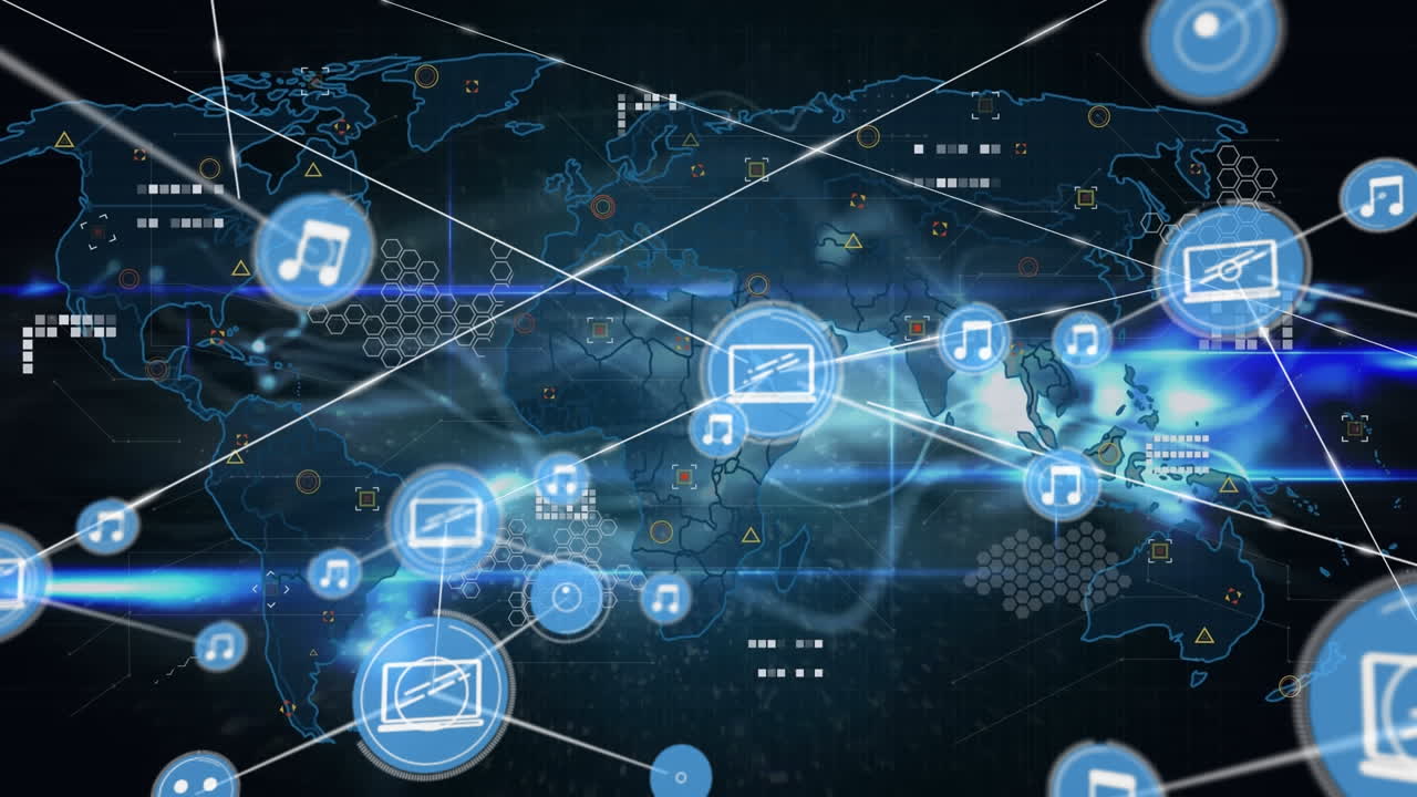 Animation of networks of connections and data processing over world map