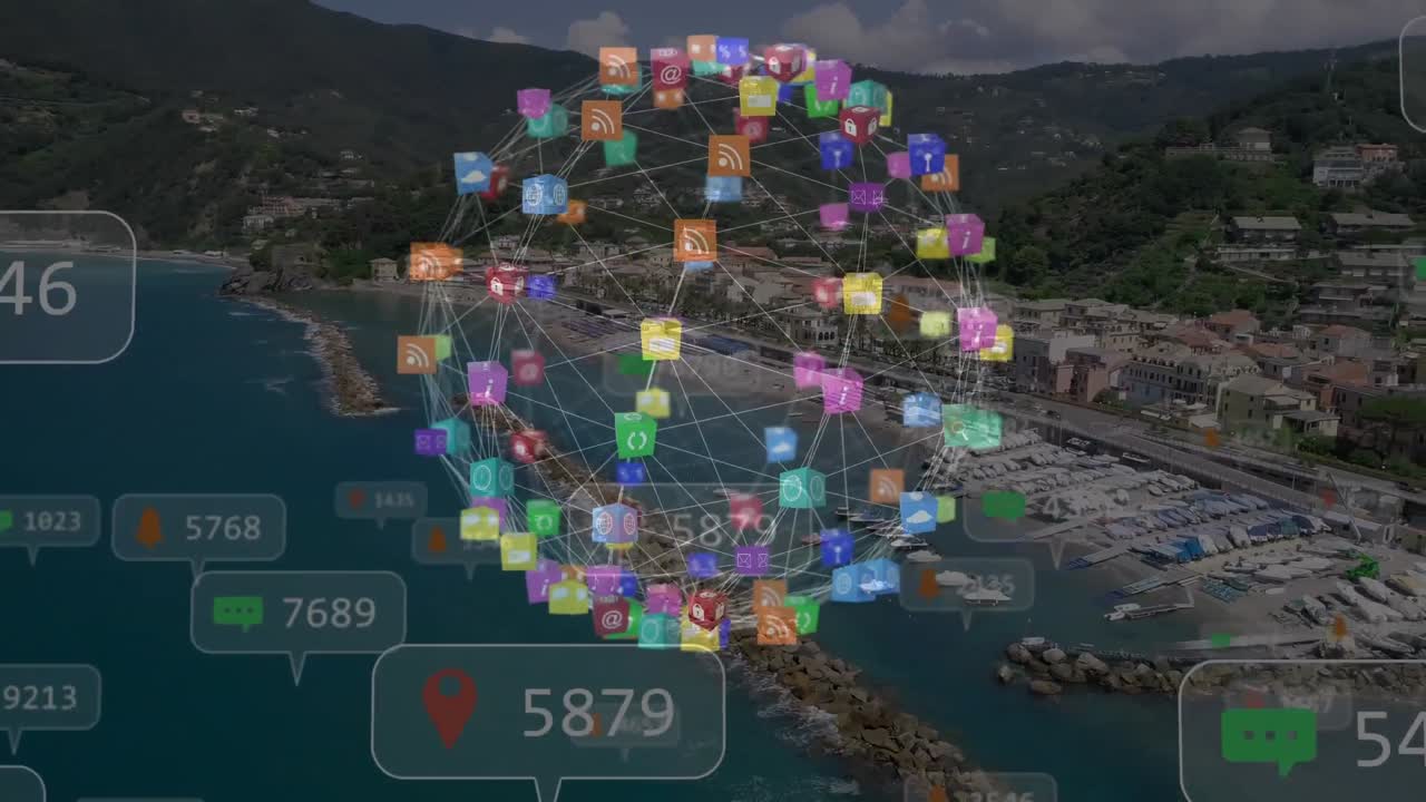 Animation of network of connections with social media icons and numbers over cityscape