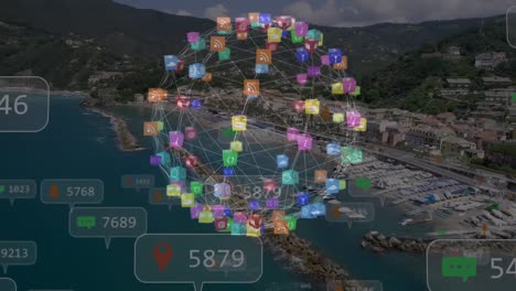 Animation-of-network-of-connections-with-social-media-icons-and-numbers-over-cityscape
